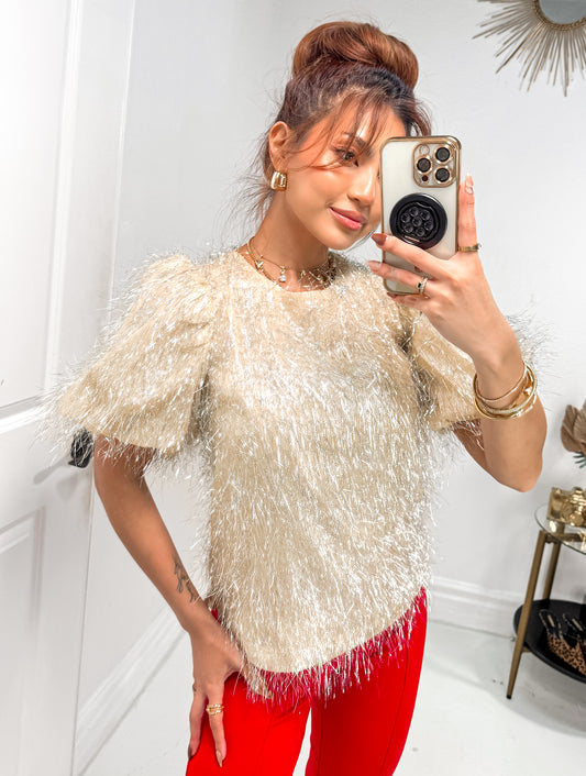 Snowfall Chic Fringe Puff Sleeve Top