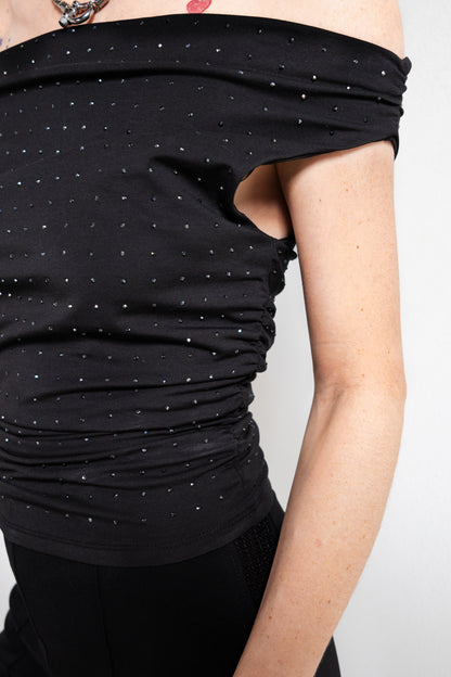 Soft-Drape Rhinestone Off-Shoulder Top