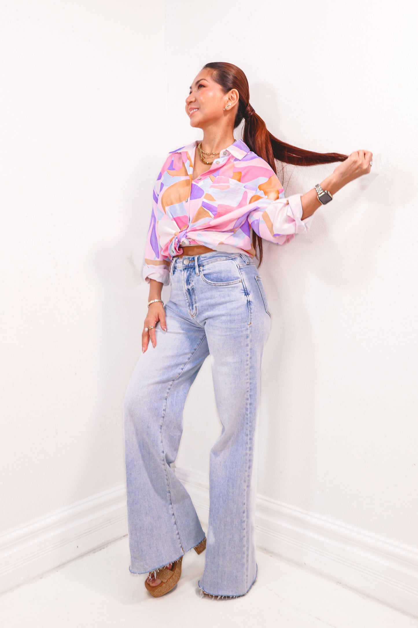 Sorbet Skies Abstract Button Down Top