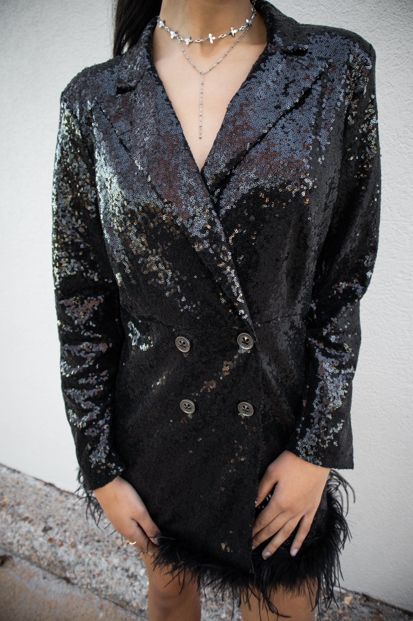 Sparkly Sequin Faux Fur Blazer Dress Medium / Pink