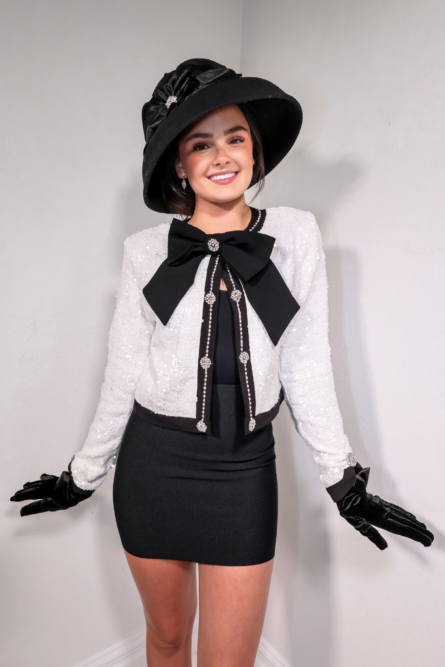 Starlit Sequin Tweed Bow Blazer
