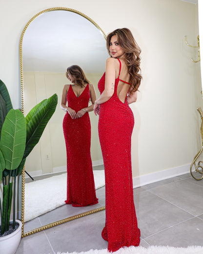 Starlit Ruby Rhinestone Embellished Maxi Dress