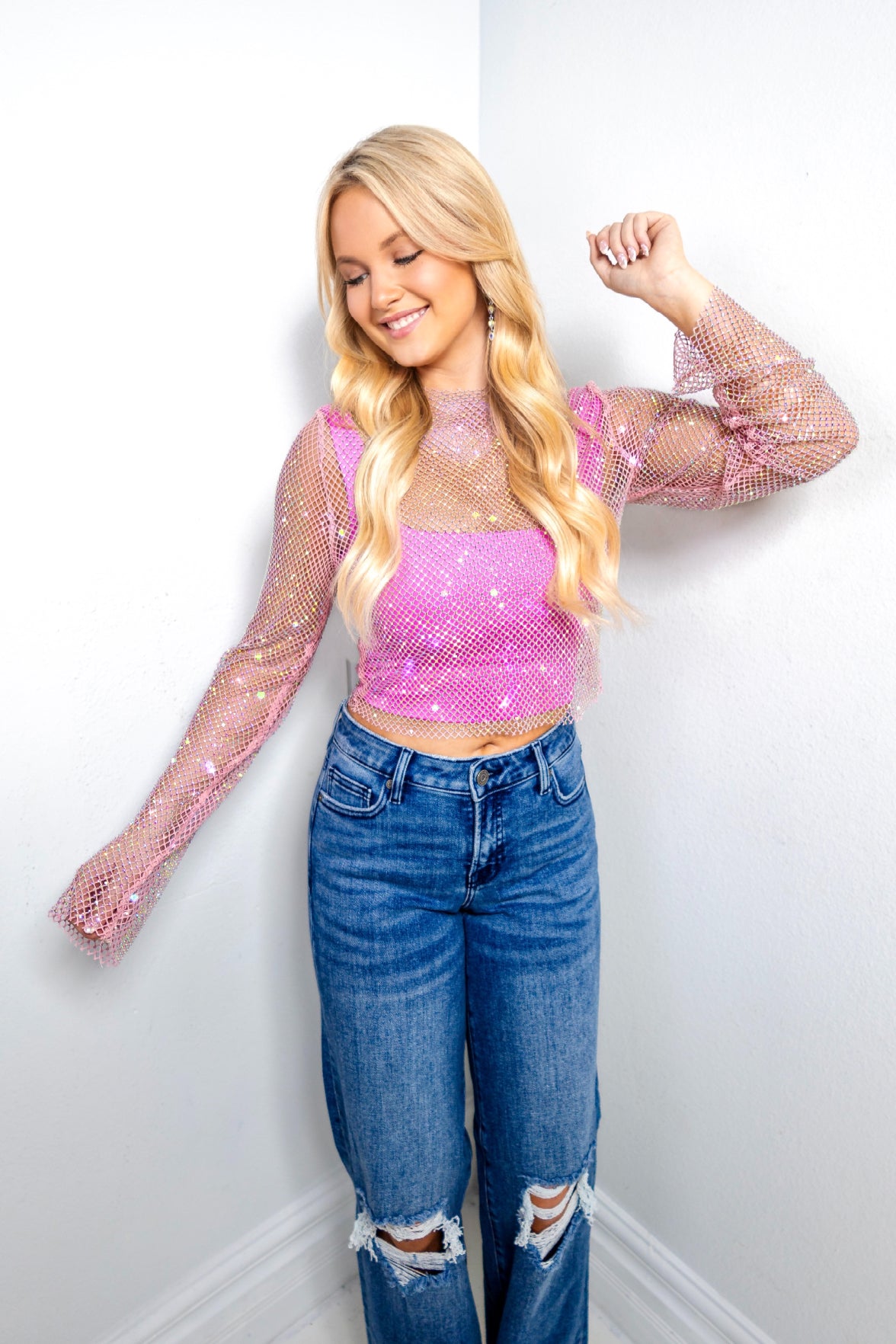 Starstruck Glitter Mesh Mock Neck Top