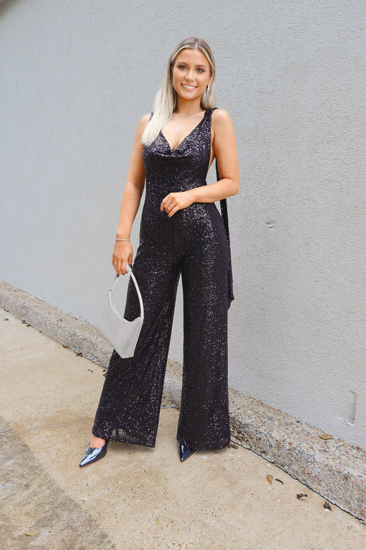 Styled In Black Sequins Jumpsuit-Jumpsuits-KCoutureBoutique, women's boutique in Bossier City, Louisiana