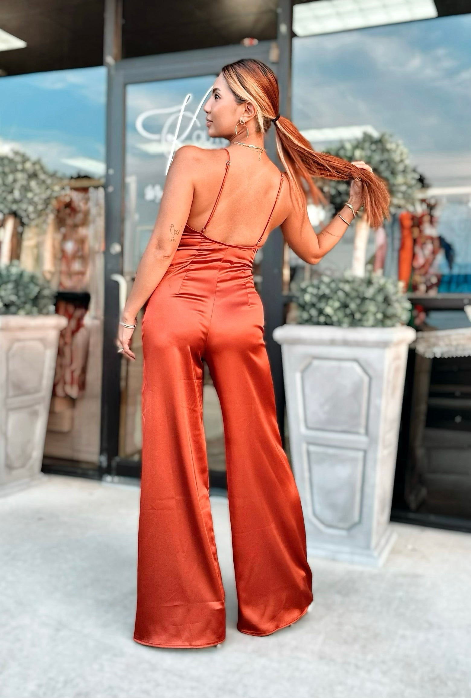 Sultry Rust Satin Open Back Jumpsuit-Jumpsuits-KCoutureBoutique, women's boutique in Bossier City, Louisiana