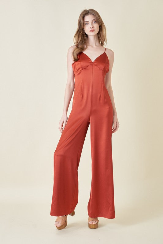 Sultry Rust Satin Open Back Jumpsuit-Jumpsuits-KCoutureBoutique, women's boutique in Bossier City, Louisiana