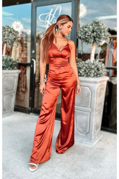 Sultry Rust Satin Open Back Jumpsuit-Jumpsuits-KCoutureBoutique, women's boutique in Bossier City, Louisiana