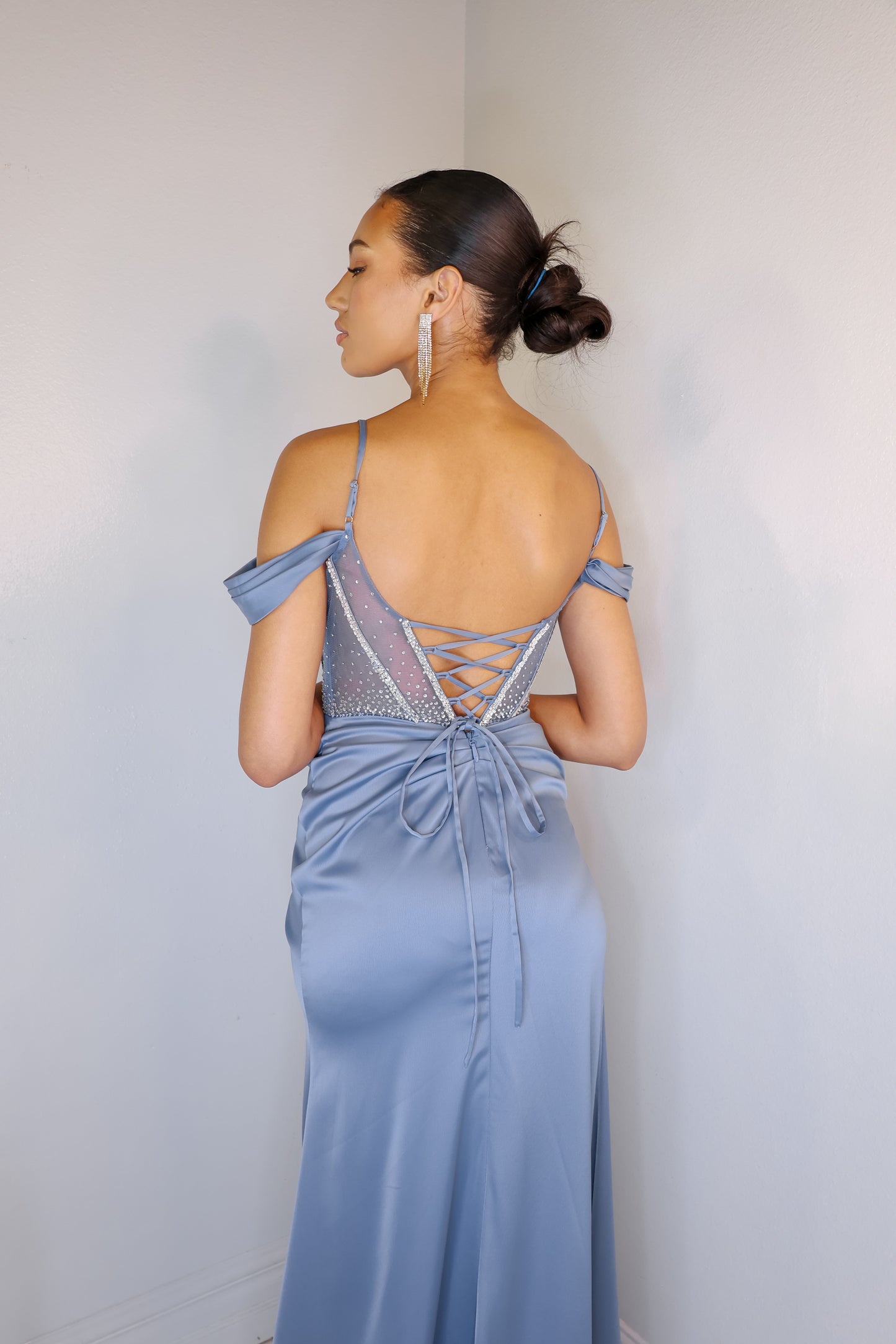 Daring in Dusty Blue Corset Gown