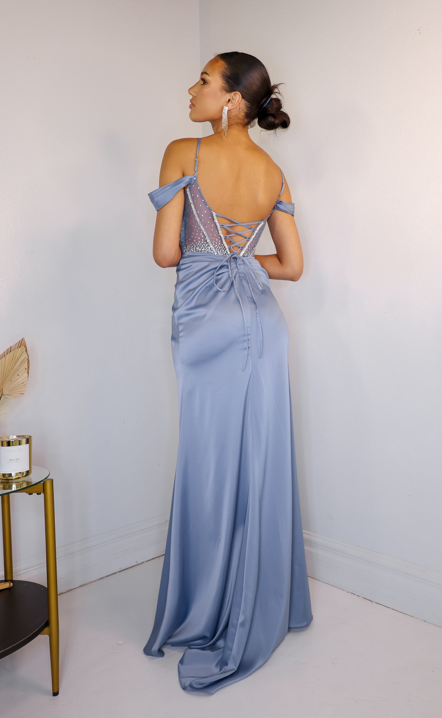 Daring in Dusty Blue Corset Gown