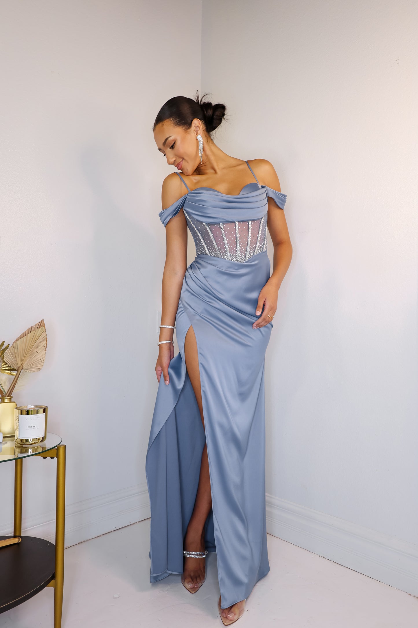 Daring in Dusty Blue Corset Gown