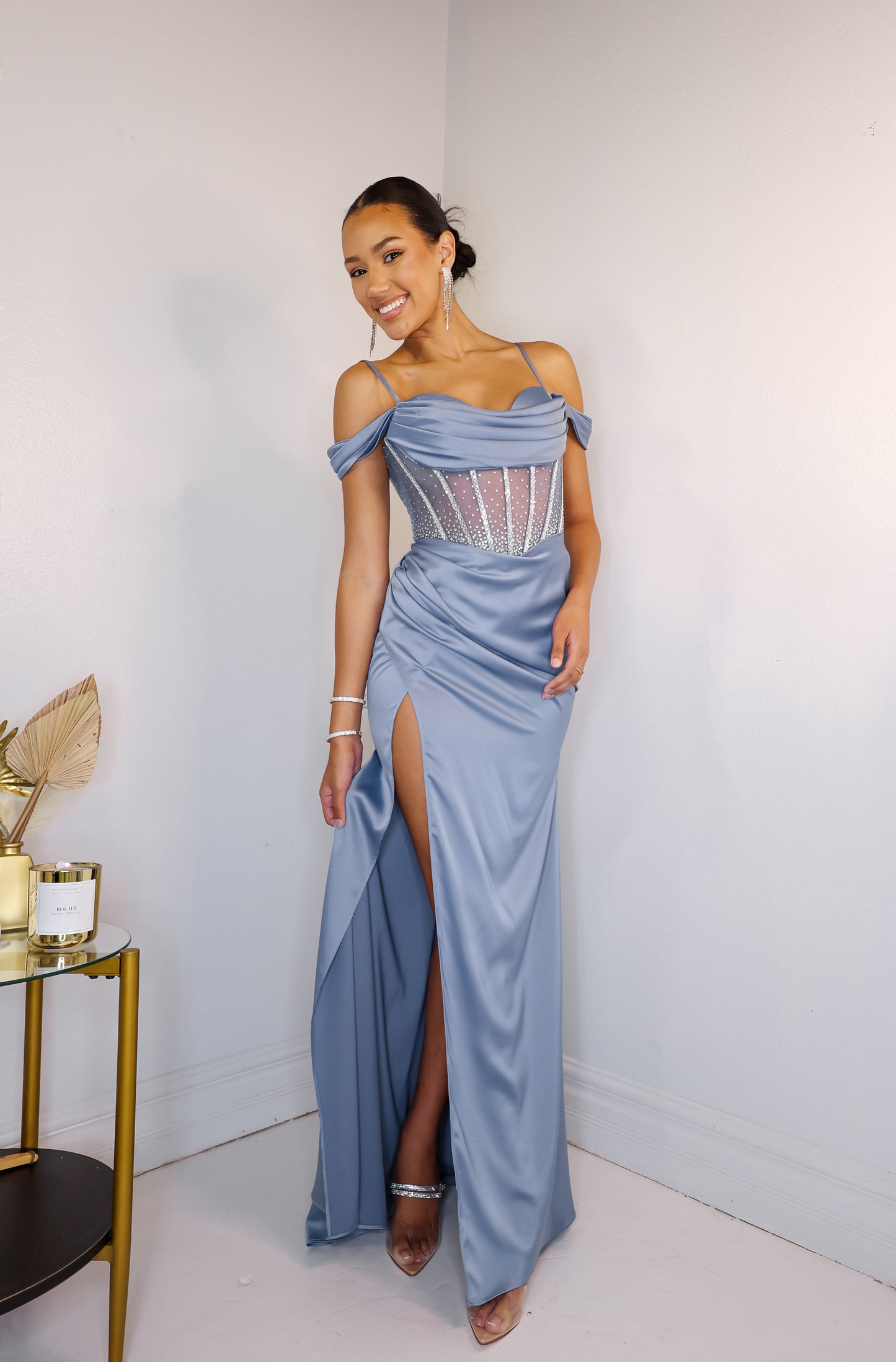 Daring in Dusty Blue Corset Gown