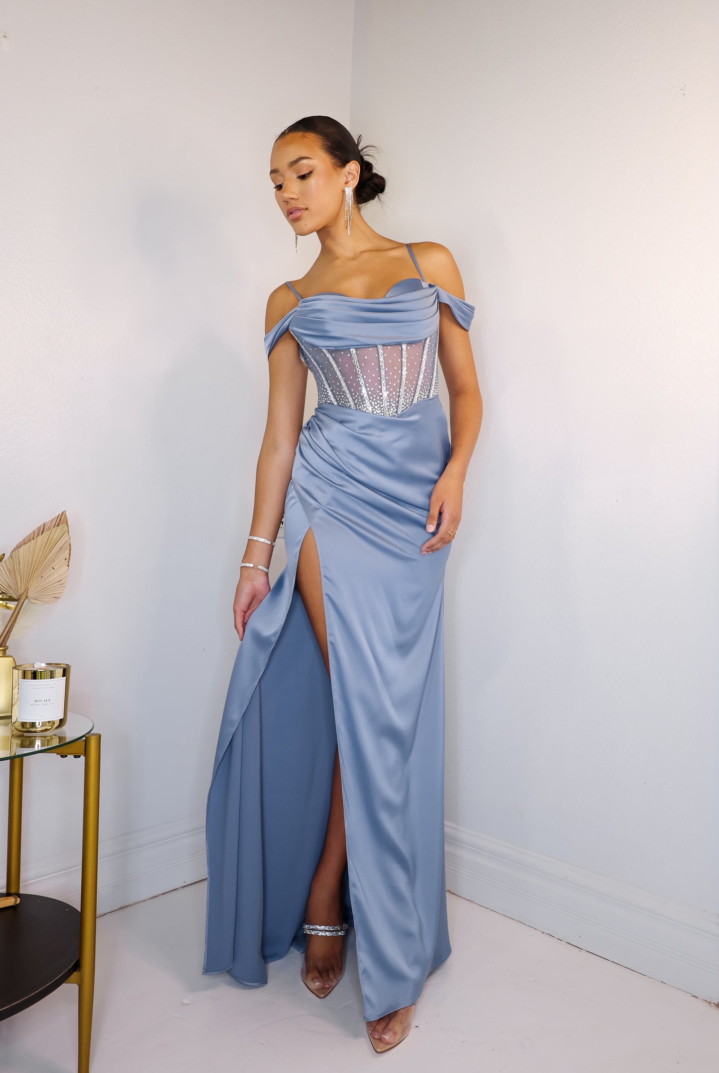 Daring in Dusty Blue Corset Gown