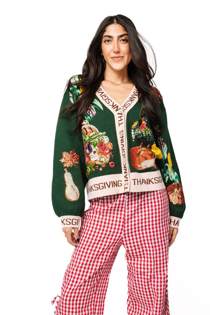 Queen of Sparkles Dark Green 'Thanksgiving' Button Cardigan