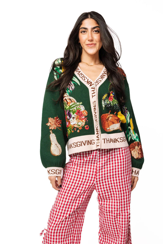 Queen of Sparkles Dark Green 'Thanksgiving' Button Cardigan