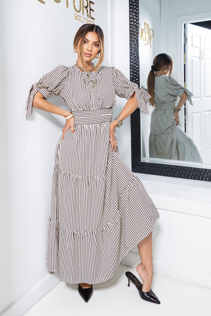 The Camden Striped Tie Sleeves Midi Dress