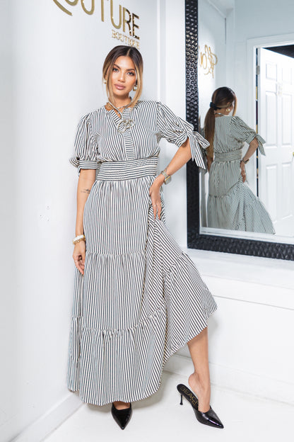 The Camden Striped Tie Sleeves Midi Dress
