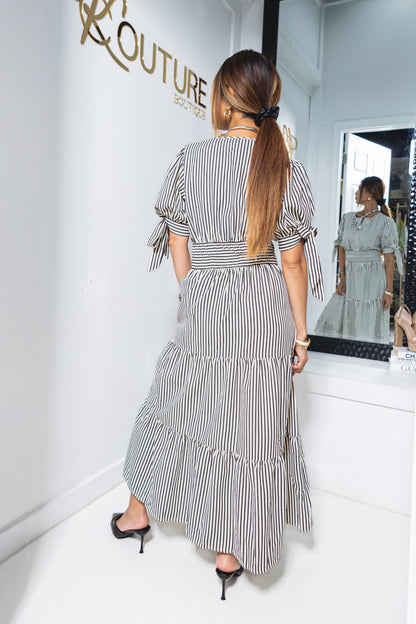 The Camden Striped Tie Sleeves Midi Dress