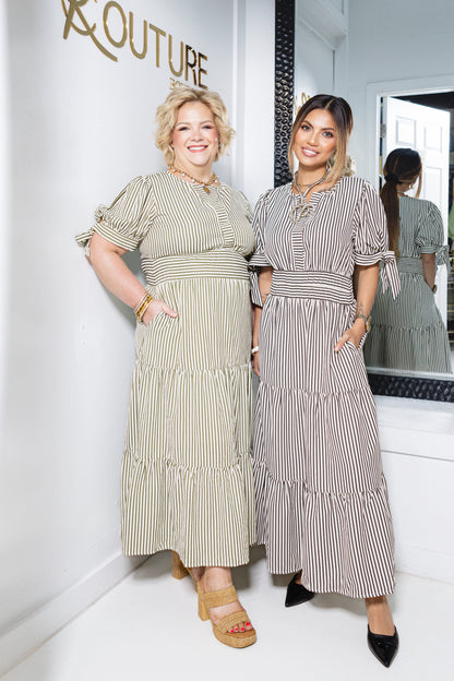 The Camden Striped Tie Sleeves Midi Dress
