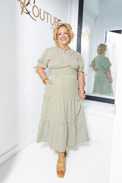 The Camden Striped Tie Sleeves Midi Dress