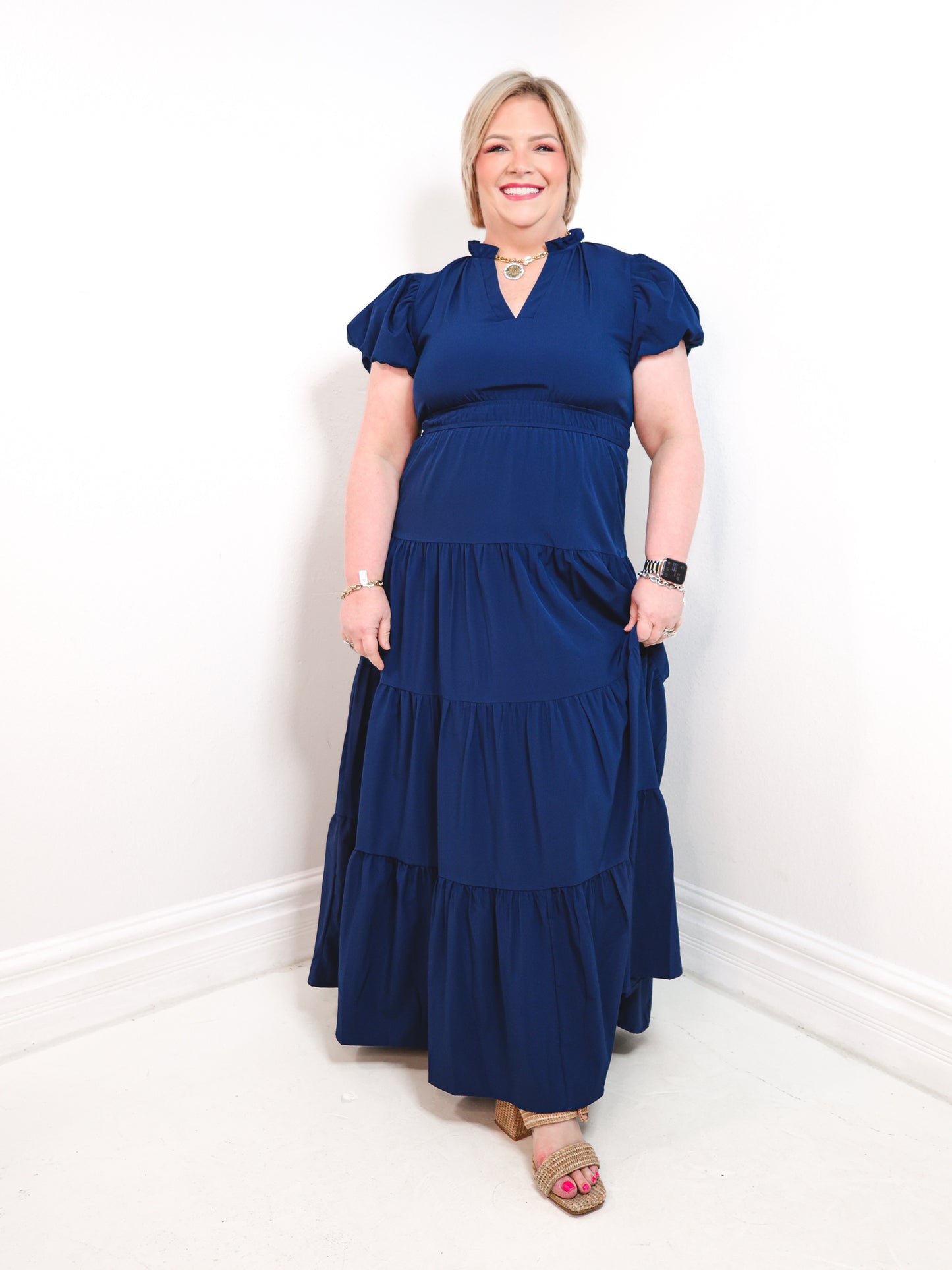 The Navy Belle Puff Sleeve Maxi Dress