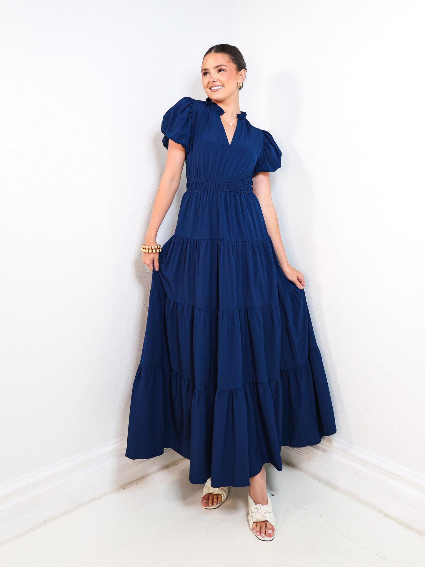 The Navy Belle Puff Sleeve Maxi Dress