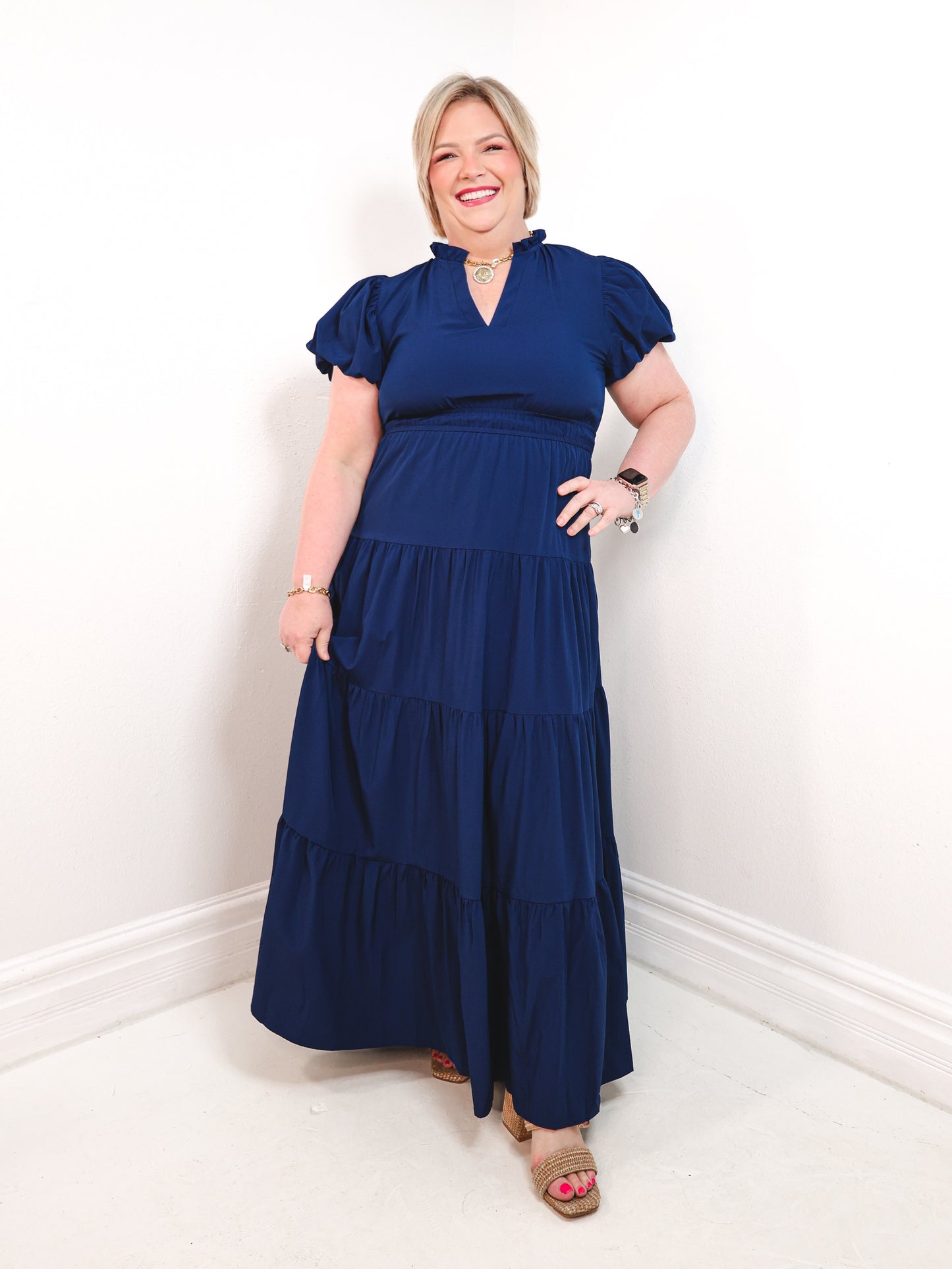 The Navy Belle Puff Sleeve Maxi Dress