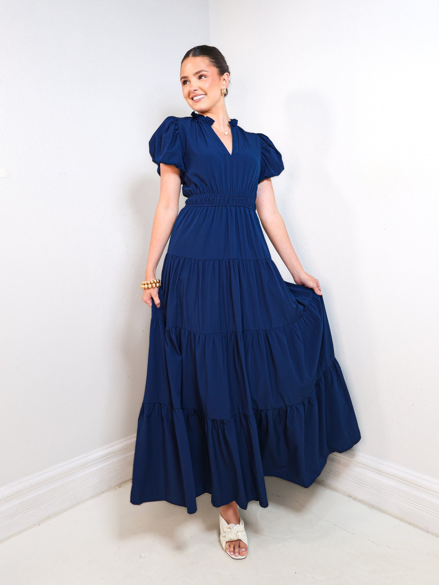 The Navy Belle Puff Sleeve Maxi Dress