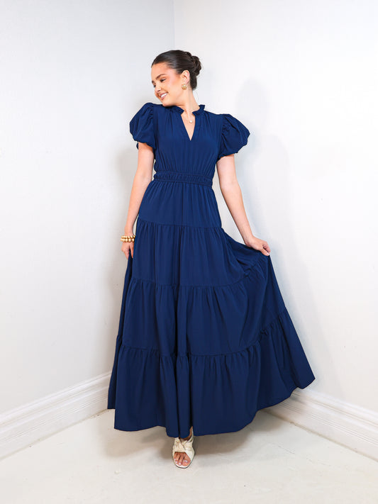 The Navy Belle Puff Sleeve Midi Dress