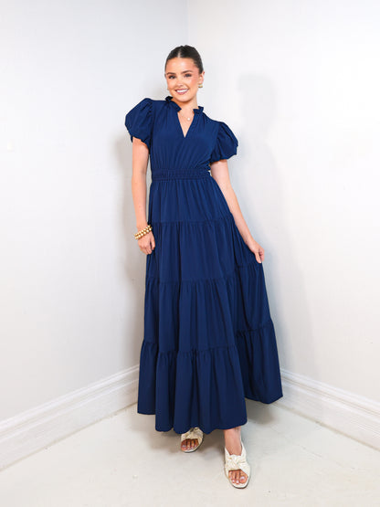 The Navy Belle Puff Sleeve Maxi Dress