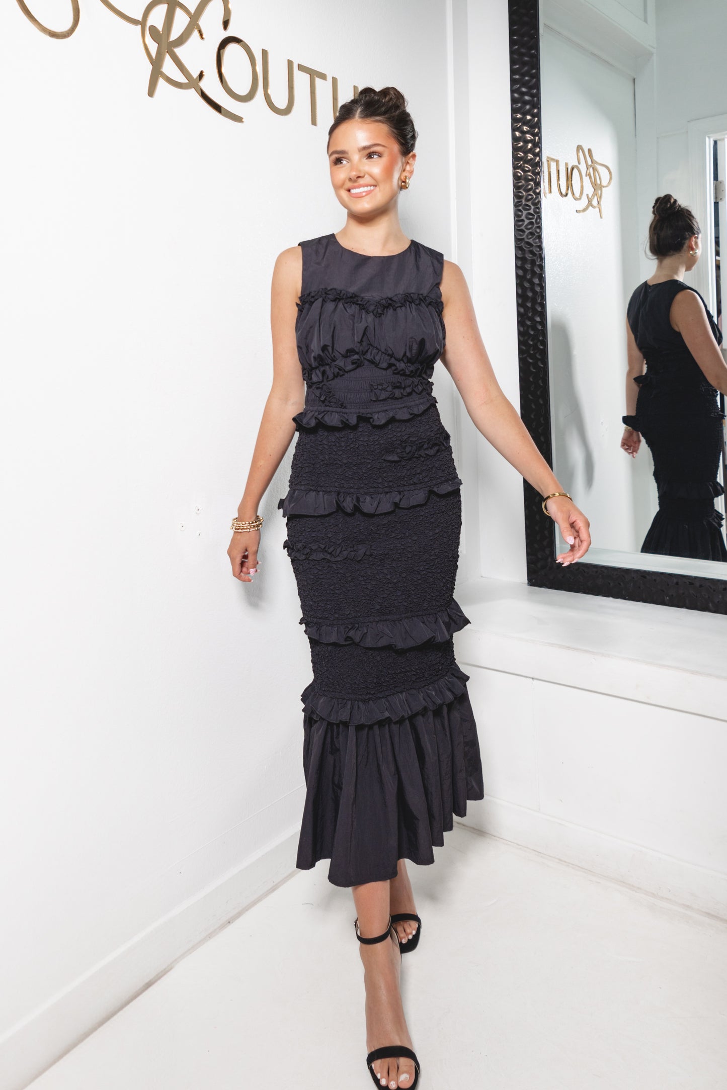 Tiered In Black Smocked Mermaid Midi Dress