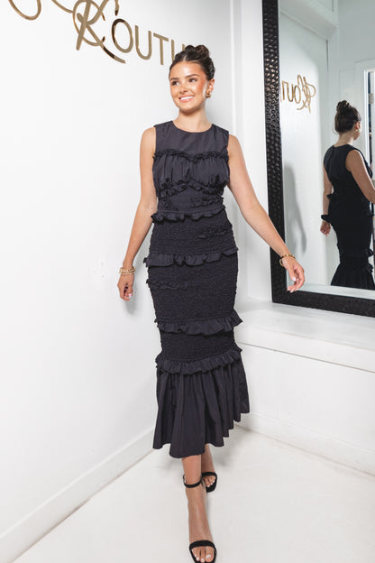 Tiered In Black Smocked Mermaid Midi Dress