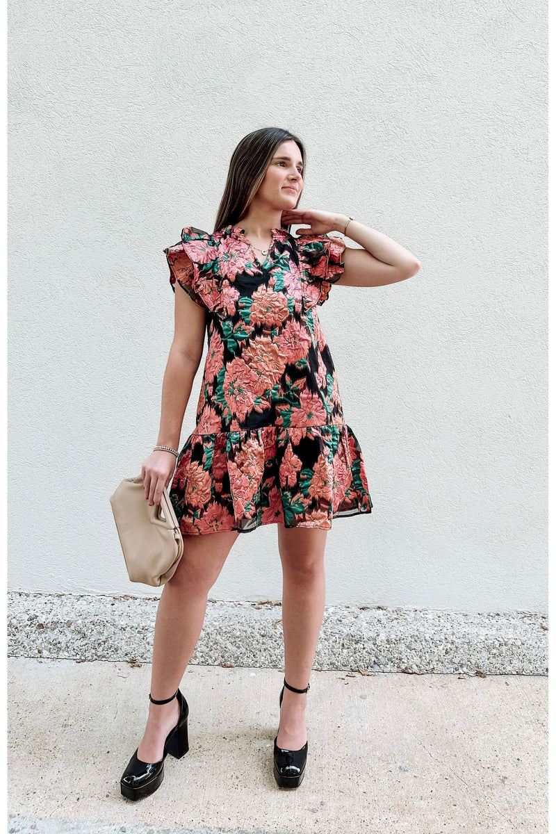 Timeless Textured Floral Puff Sleeve Dress-Apparel & Accessories-KCoutureBoutique, women's boutique in Bossier City, Louisiana
