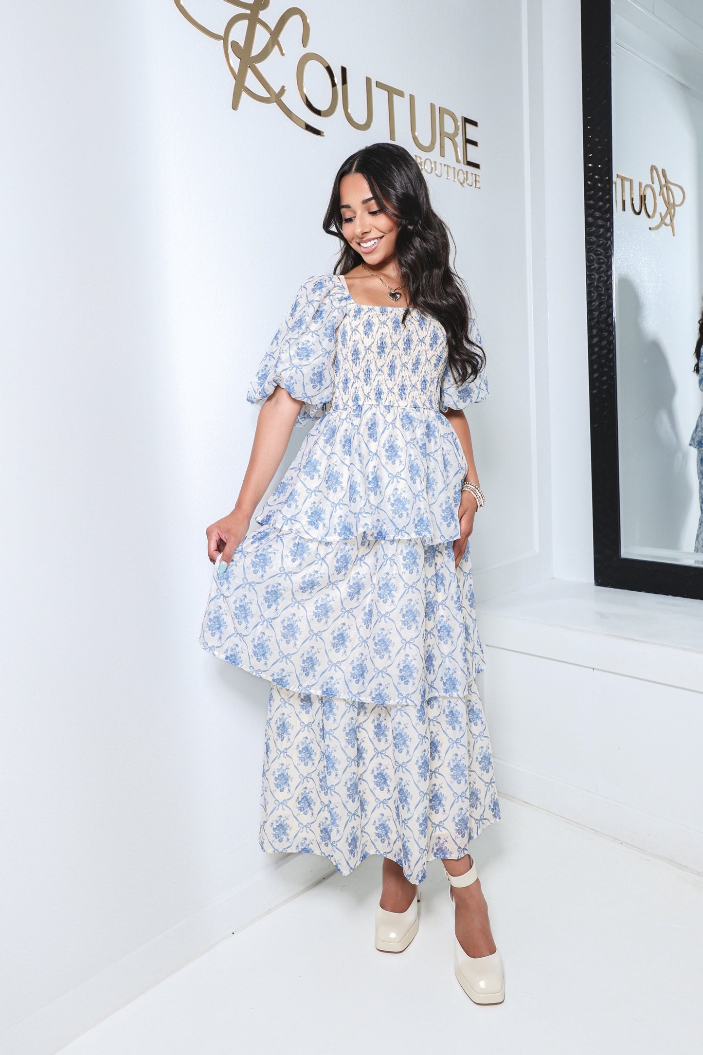 Toile Whispers Tiered Midi Dress