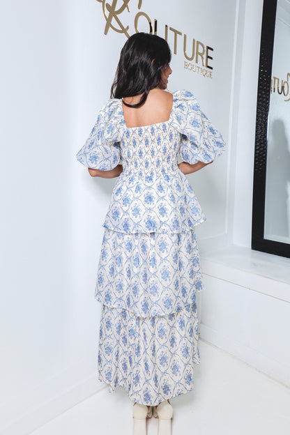 Toile Whispers Tiered Midi Dress