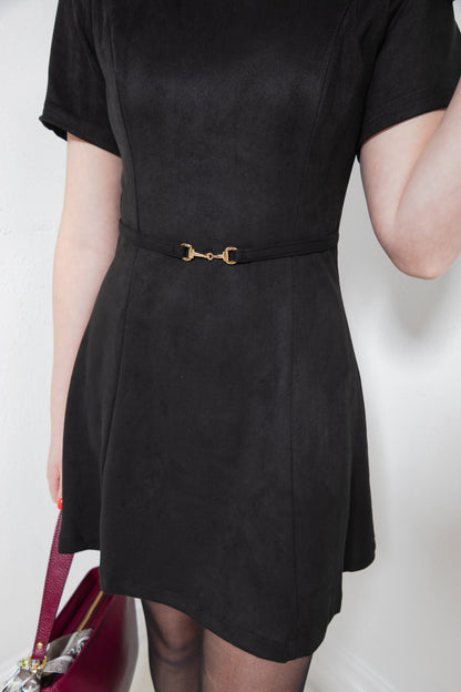 Touch of Gold Horsebit Belted Suede Dress