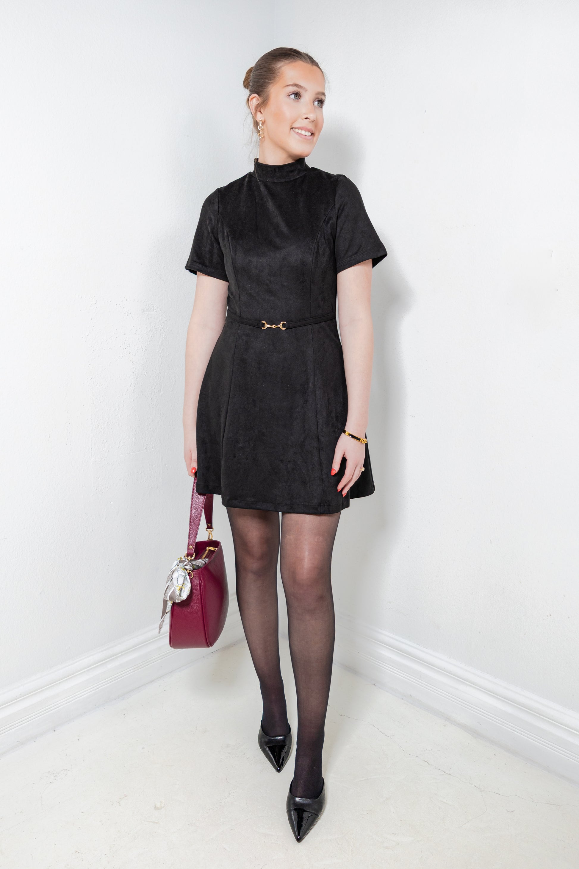 Touch of Gold Horsebit Belted Suede Dress Small (2/4) / Black Touch of Gold Horsebit Belted Suede Dress Small (2/4) / Black