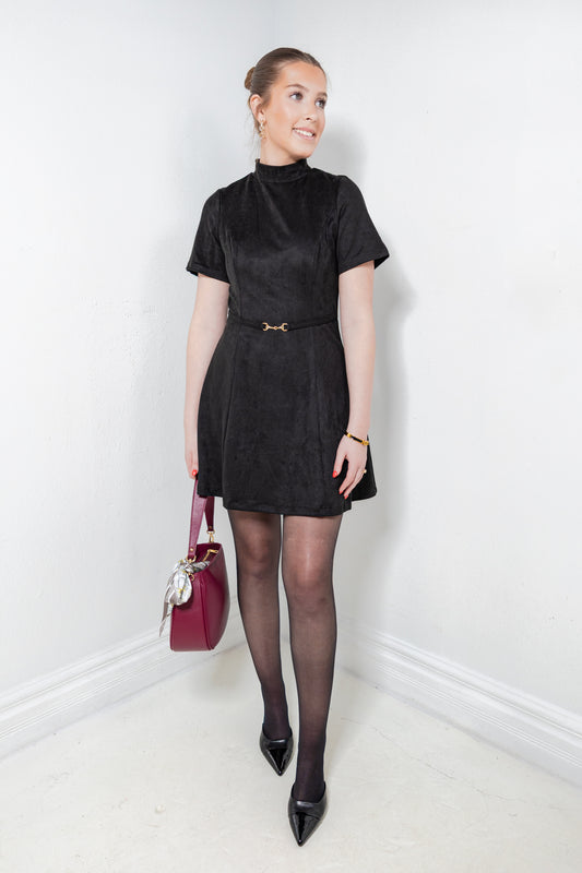 Touch of Gold Horsebit Belted Suede Dress