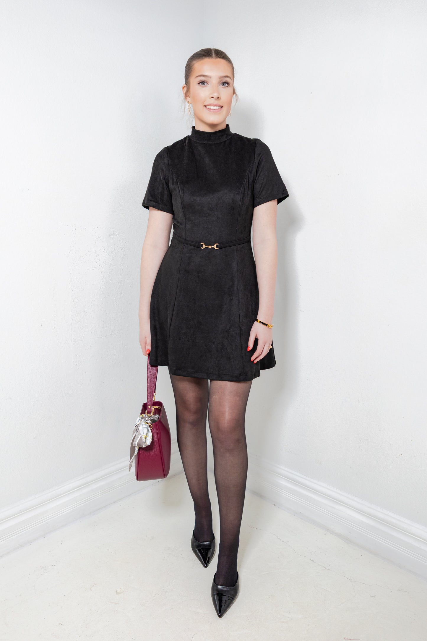 Touch of Gold Horsebit Belted Suede Dress