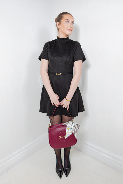 Touch of Gold Horsebit Belted Suede Dress