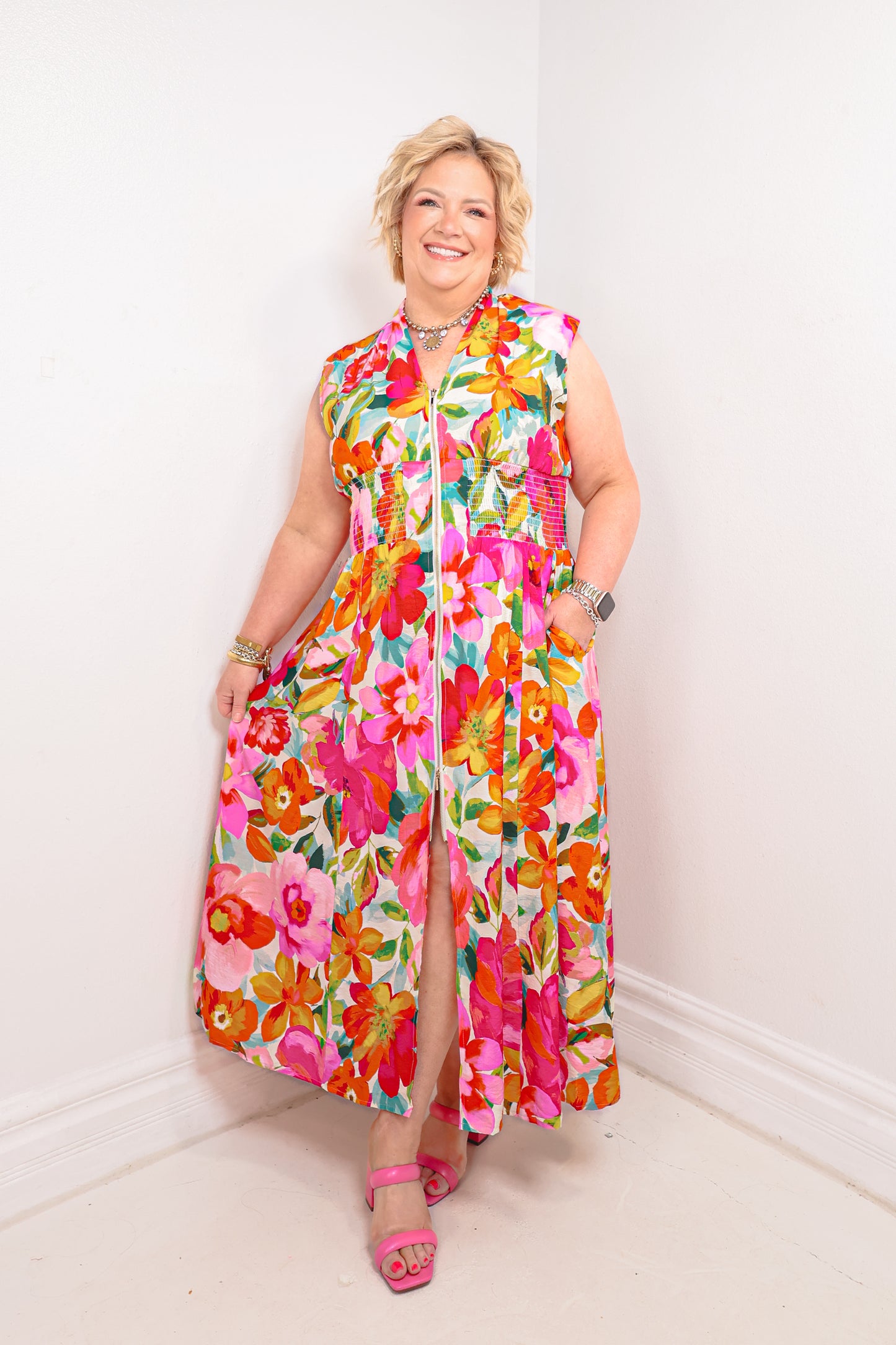 Tropical Bloom Zip Front Maxi Dress