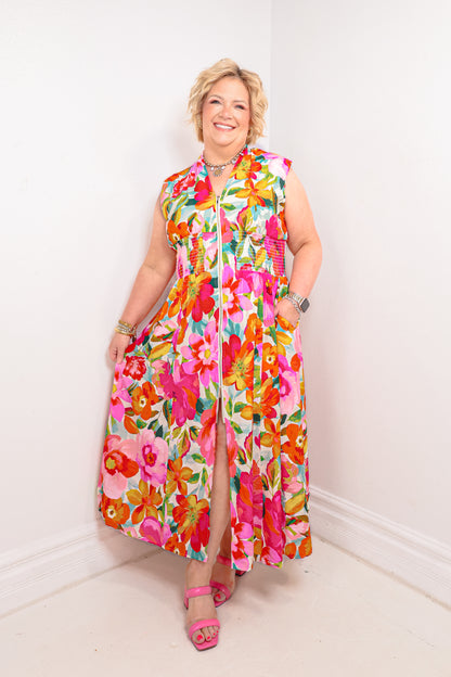 Tropical Bloom Zip Front Maxi Dress