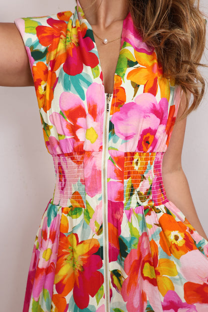 Tropical Bloom Zip Front Maxi Dress