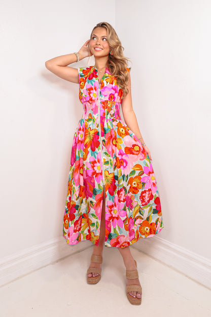 Tropical Bloom Zip Front Maxi Dress