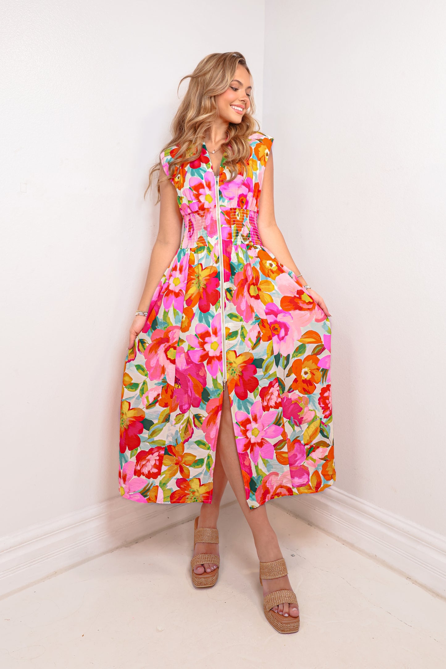 Tropical Bloom Zip Front Maxi Dress