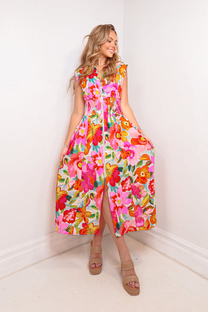 Tropical Bloom Zip Front Maxi Dress