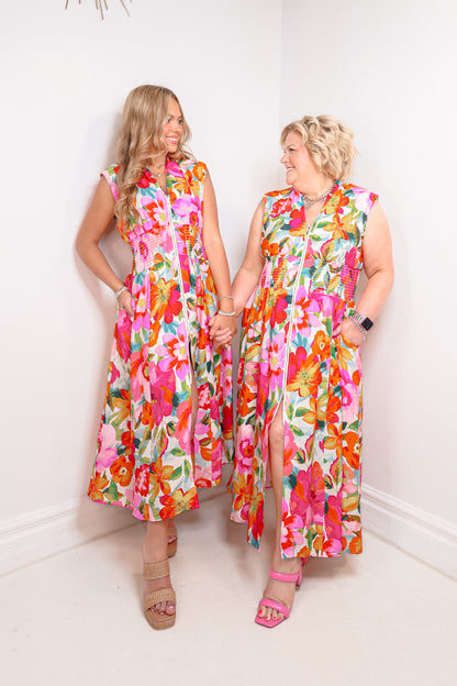 Tropical Bloom Zip Front Maxi Dress