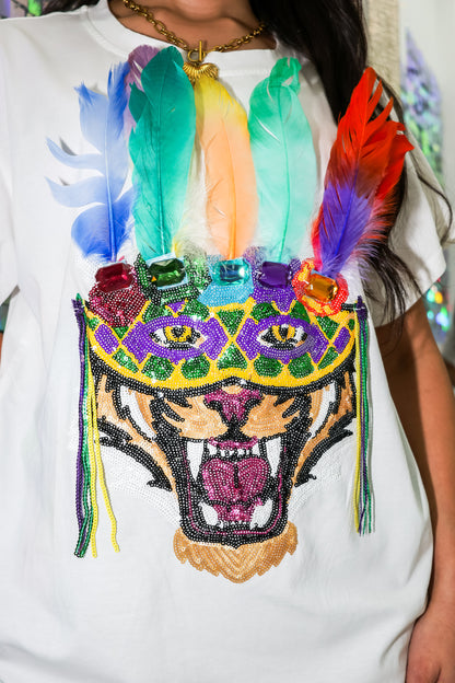 Queen Of Sparkles Tiger Head with Mardi Gras Mask Tee