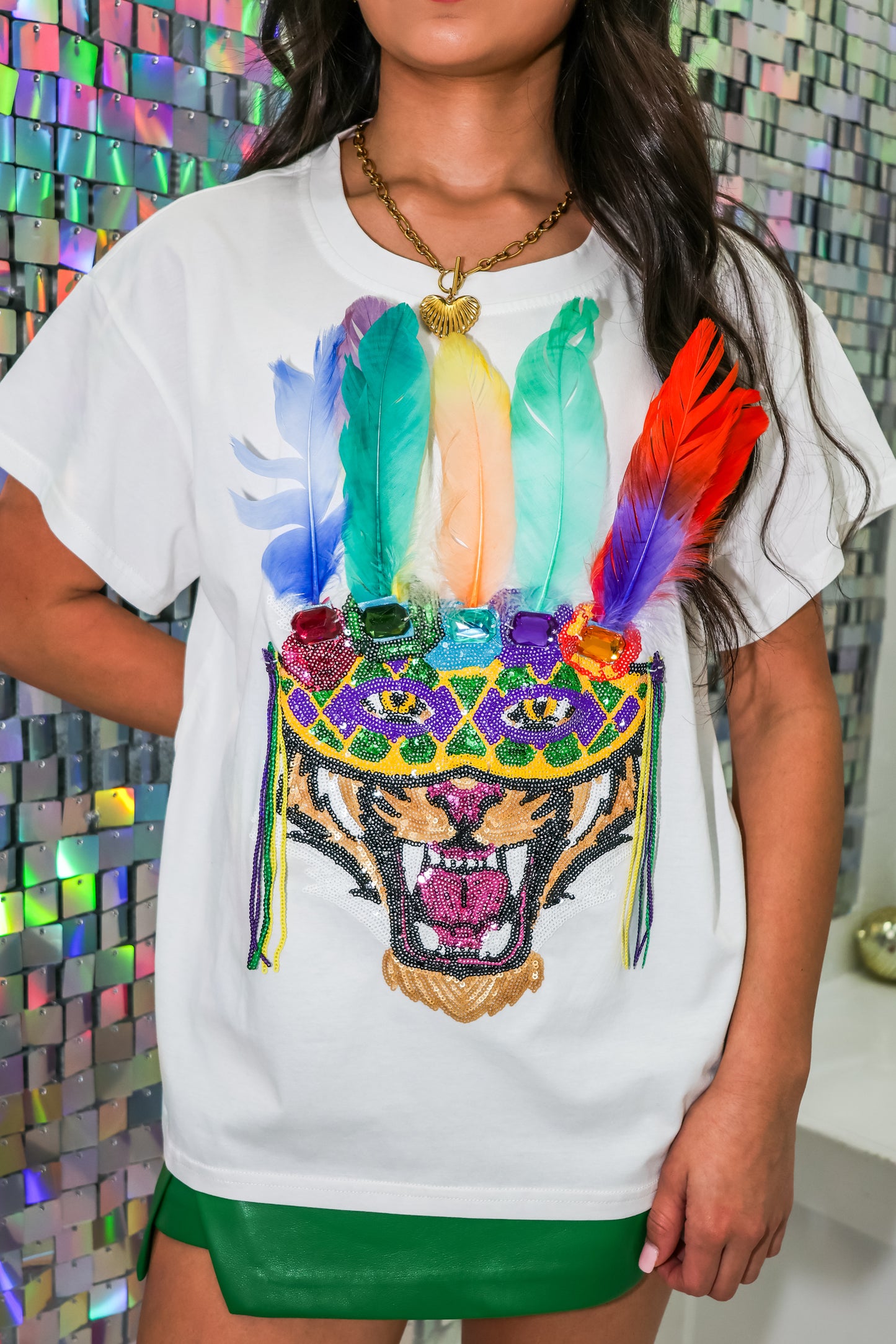 Queen Of Sparkles Tiger Head with Mardi Gras Mask Tee