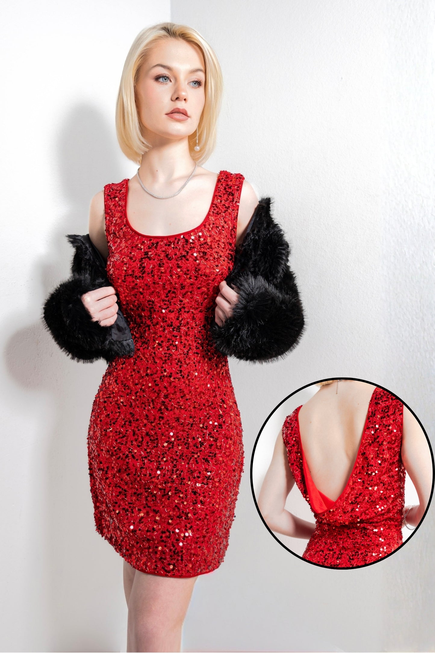 Festive Affair Sequined Cowl Back Dress
