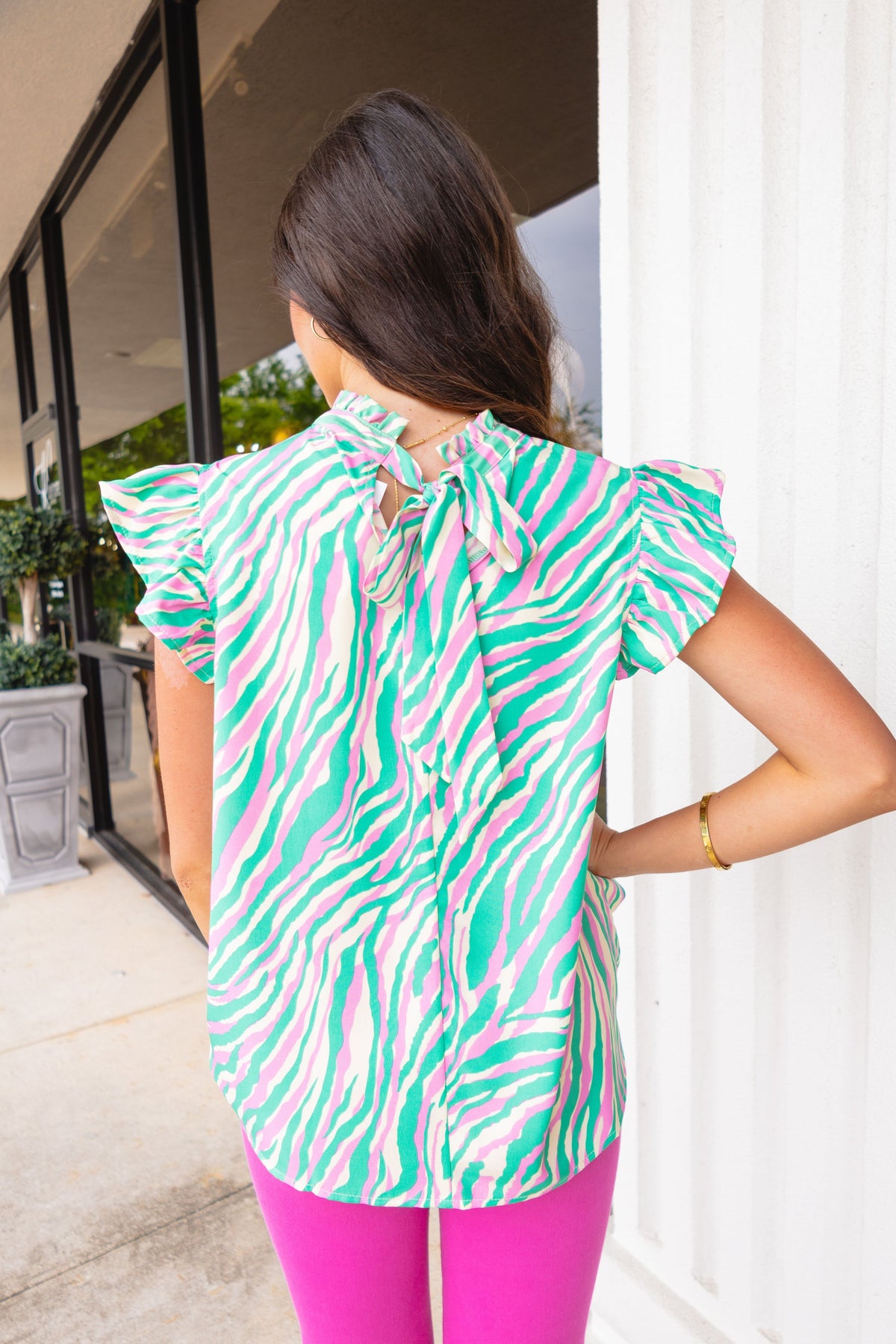 Vibrant Zebra Ruffle Sleeve Tie Back Blouse-Clothing-KCoutureBoutique, women's boutique in Bossier City, Louisiana